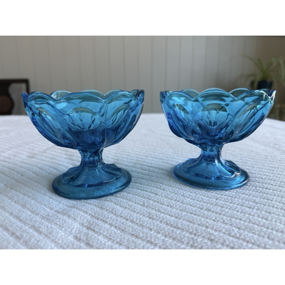 Vintage Anchor Hocking Blue Fairfield Glass Pedestal Dessert Bowls set of 2
